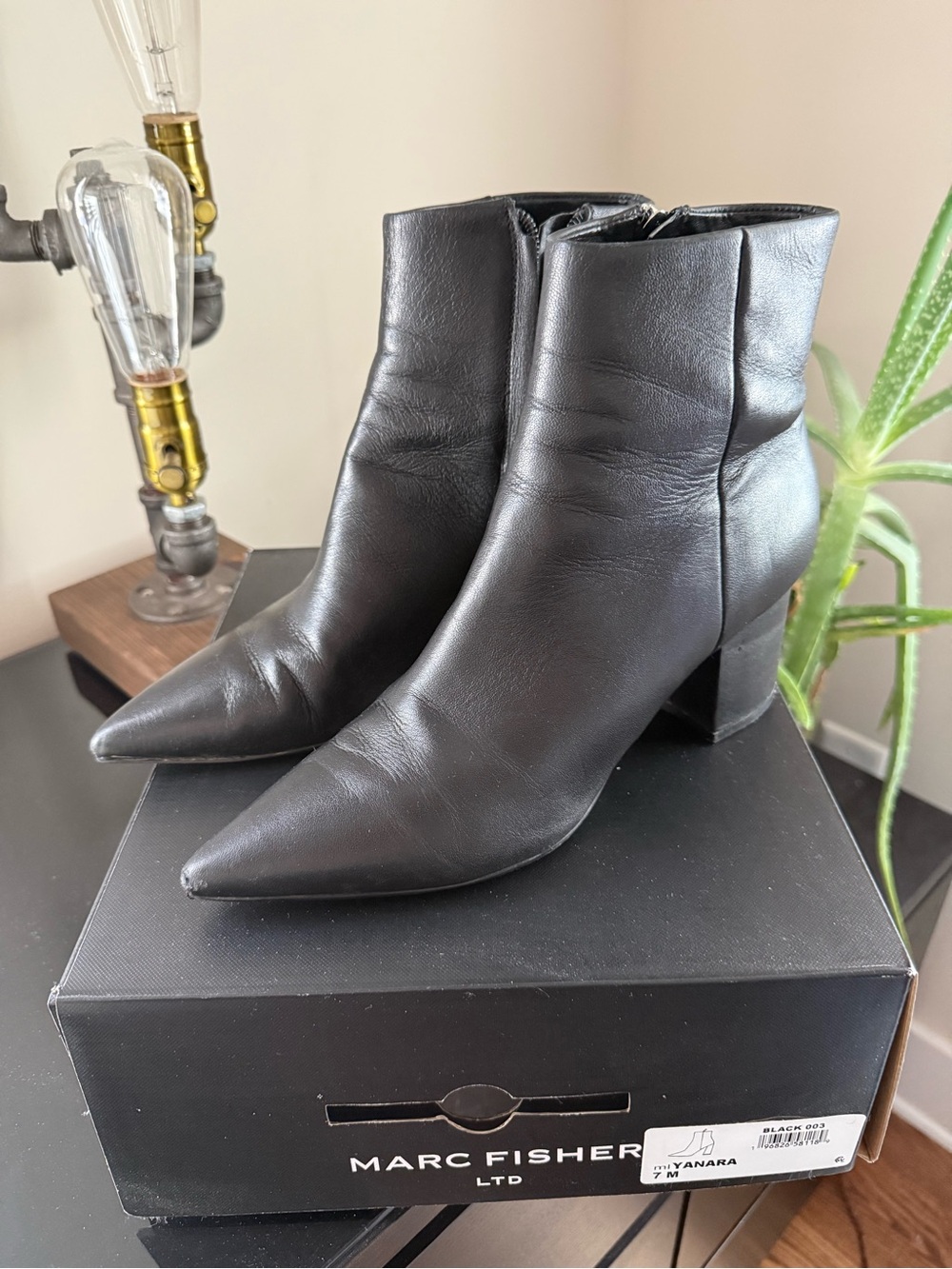 Marc Fisher Black Leather Pointed Ankle Boots